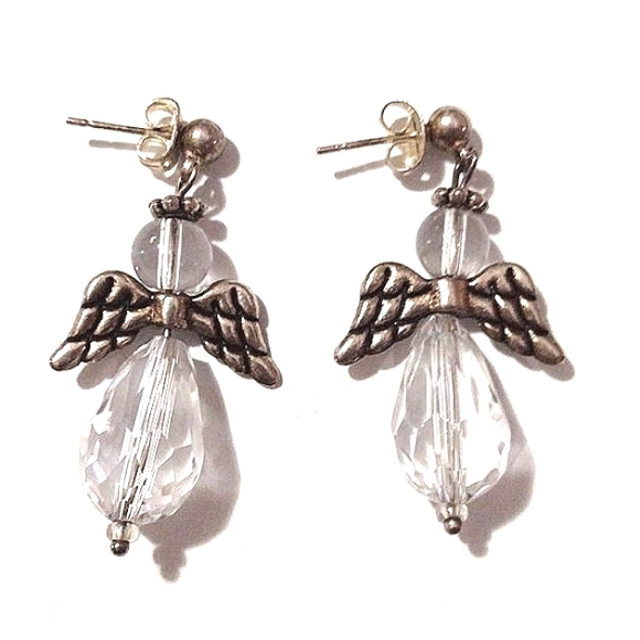 VINTAGE CRYSTAL ANGEL SILVER-TONE DROP DANGLE PUSH-BACK 1.9" EARRINGS - Picture 7 of 8